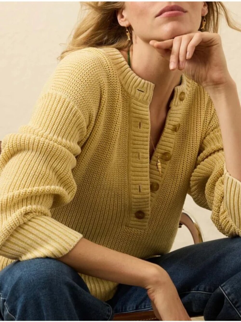 Faherty Sunwashed Fisherman Henley Sweater Yellow S Oganic Cotton Lemon Sorbet